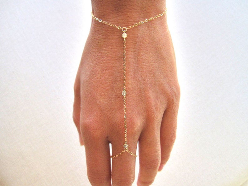 slave bracelet hand chain // 14k rose gold filled and 3 tiny cz cubic zirconia diamonds ring chain bracelet image 3