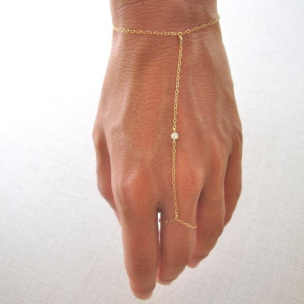 slave bracelet - hand chain // delicate 14k gold filled chain with tiny cubic zirconia cz diamond ring bracelet