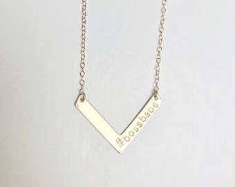 necklace // 14k gold filled chevron bar with customized initial(s), name, letters, numbers, date stamped engraved on 14k gold filled chain