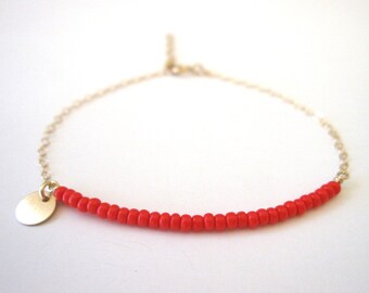 bracelet // customized delicate red orange beaded bracelet with 14k gold filled chain and 1 tiny 14k gold filled sequin disc beaded bracelet