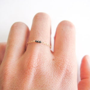delicate ring, thin 14k gold filled ring, sterling silver ring with 3 tiny genuine black diamond beads, dainty ring, delicate diamond ring