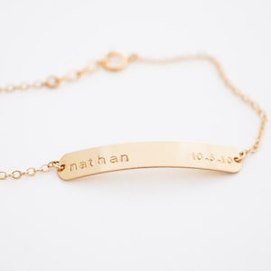 bracelet // custom gold bar bracelet, name, id tag, phrase, words, letters, initials delicate gold bracelet 14k gold filled dainty chain