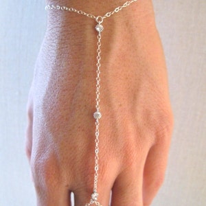 slave bracelet - hand chain // sterling silver chain and 3 tiny cz cubic zirconia diamonds ring chain bracelet
