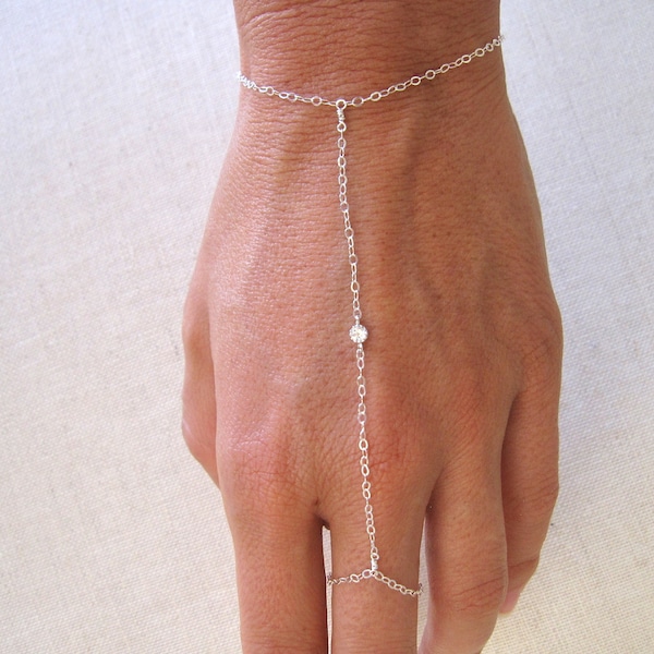 slave bracelet - hand chain // delicate sterling silver chain with tiny cz cubic zirconia diamond finger bracelet