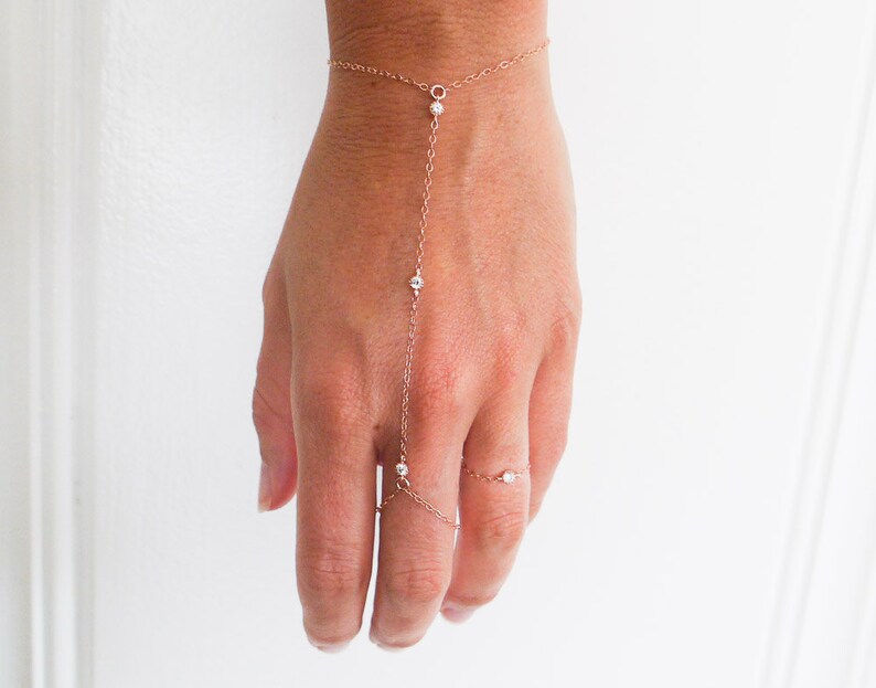 slave bracelet hand chain // 14k rose gold filled and 3 tiny cz cubic zirconia diamonds ring chain bracelet image 2