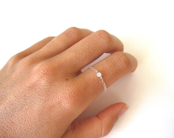 delicate ring, thin sterling silver rings, chain ring, tiny silver ring, tiny cz diamond ring