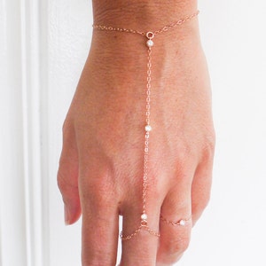 slave bracelet hand chain // 14k rose gold filled and 3 tiny cz cubic zirconia diamonds ring chain bracelet image 1