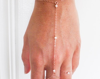 slave bracelet - hand chain // 14k rose gold filled and 3 tiny cz cubic zirconia diamonds ring chain bracelet