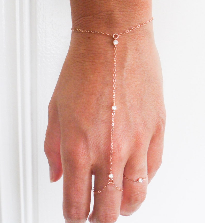 slave bracelet hand chain // 14k rose gold filled and 3 tiny cz cubic zirconia diamonds ring chain bracelet image 1