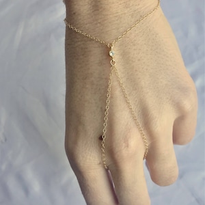 slave bracelet, hand chain, gold filled bracelet, ring chain bracelet with 1 tiny cz cubic zirconia diamond