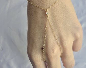 slave bracelet, hand chain, gold filled bracelet, ring chain bracelet with 1 tiny cz cubic zirconia diamond