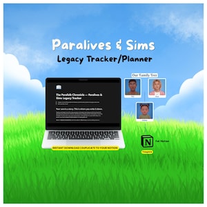 May include: A digital legacy tracker and planner for Paralives and Sims displayed on a laptop screen. The interface includes a family tree with character portraits labeled Kai, Ace, and Asher, alongside a Notion template icon and text.