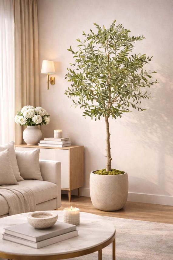 6FT Artificial Olive Tree Indoor Decor, Faux Olive Plant in Pot, Realistic Tall Fake Tree, Living Room Corner Decor, Modern Home Aesthetic