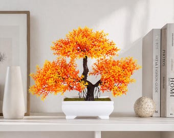 Artificial Bonsai Tree Decor Orange Yellow Mini Plant, Desk Office Home Decoration, Fake Plant Gift, Zen Minimalist Room Decor