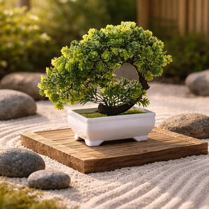 May include: A small bonsai tree with vibrant green foliage in a white rectangular pot. The bonsai sits on a wooden platform, surrounded by smooth stones and a sand garden. The scene evokes a sense of tranquility.