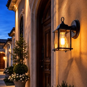 Puede incluir: Una linterna negra de exterior, montada en la pared, con una carcasa de vidrio transparente y una bombilla de luz cálida. La linterna está montada en una pared de estuco beige junto a una puerta de madera oscura. La escena está iluminada por la linterna y otras luces suaves.