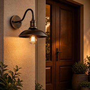 May include: A dark bronze outdoor wall light. The fixture features a curved arm and a bell-shaped shade, with a vintage-style Edison bulb. It's mounted on a textured beige wall, near a wooden door. The light provides a warm glow.