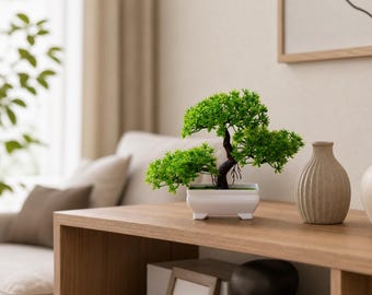 Artificial Bonsai Tree in Ceramic Pot, Fake Desk Plant Decor, Small Zen Home Decor, Office Table Plant, No Maintenance Gift