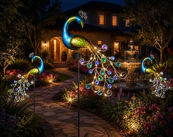 Solar Peacock Garden Stake Light | Metal Yard Art with Crystal Tail Accents