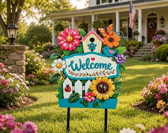 Floral Welcome Yard Sign, Butterfly Garden Stake, Colorful Outdoor Lawn Decor, Housewarming Gift
