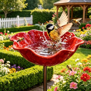 Könnte beinhalten: Ein leuchtend rotes Vogelbad mit einer blütenförmigen Schale, gefüllt mit Wasser. Ein gelb-schwarzer Vogel planscht im Wasser, die Flügel ausgebreitet. Bienen fliegen um das Vogelbad herum. Das Vogelbad steht auf einem Metallständer in einem Garten.
