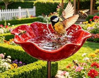 Poppy Flower Bird Bath, Red Plastic Garden Water Station, Outdoor Decor