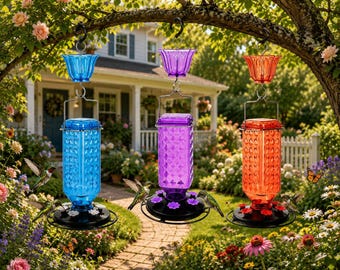 Vintage Style Hummingbird Nectar Feeder | Hanging Garden Bird Feeder | Colorful Outdoor Decor