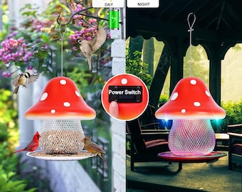 Mushroom Bird Feeder with Solar LED Light, Whimsical Garden Decor, Backyard Feeding Station