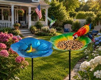 Set of 2 Metal Flower Bird Baths, Rustic Garden Decor, Cottage Style Yard Ornaments
