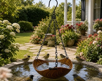 Rustic Faux Wood Hanging Bird Bath Feeder, Lightweight Garden Patio Accessory