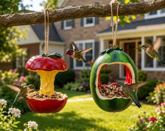 Resin Fruit Bird Feeder Set, Apple Core Watermelon Garden Decor,Rural-style courtyard decorations