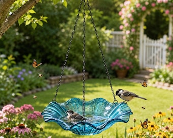 Blue Glass Flower Hanging Bird Bath Feeder, Decorative Garden Accent, Retirement Gifts