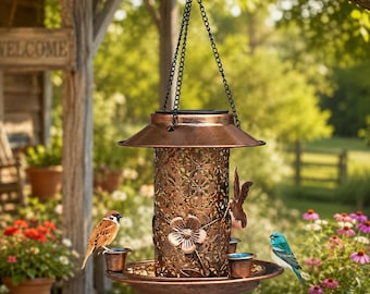 Solar Bird Feeder Lantern, Decorative Metal Garden Light, Rustic Outdoor Decor