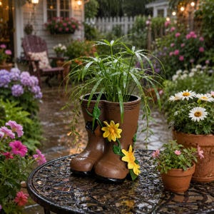 Brown Rain Boot Flower Pot, Whimsical Garden Planter, Yellow Flower Detail
