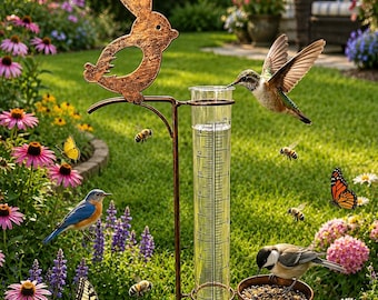 Rustic Rabbit Rain Gauge & Bird Feeder Garden Stake, Metal Yard Ornament,Gift For Grandpa