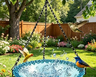 Hanging Plastic Bird Bath Feeder, Vintage Style, Decorative Beaded Rim, Outdoor Garden Water Station