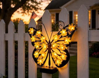 Solar Butterfly Wall Decor, Floral Lights, Metal Garden Art, Outdoor Patio Accent
