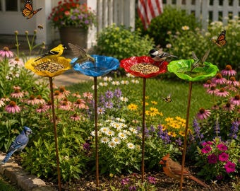 Set of 4 Metal Flower Bird Feeder Stakes, Cottage Garden Yard Art