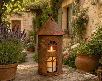 Rustic Metal Fairy House Lantern, Vintage Garden Decor, Cottagecore Patio Light