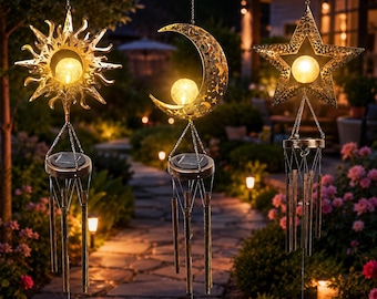 Solar Moon Wind Chime Lantern, Celestial Garden Light, Outdoor Patio Decor