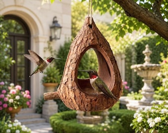 Hanging Hummingbird Feeder, Rustic Tree Bark Resin Garden Decor, Outdoor Bird Station