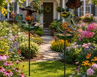 Metal Mushroom Bird Feeder Stake, Whimsical Fairy Garden Decor, Cottagecore Yard Art