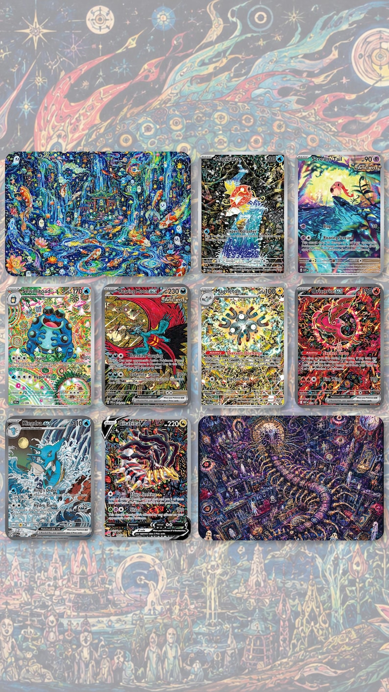 May include: A collection of vibrantly illustrated trading cards featuring various creatures and fantastical landscapes. The cards showcase detailed artwork with a variety of colors, including blues, greens, reds, and golds. The cards appear to be from a collectible card game.
