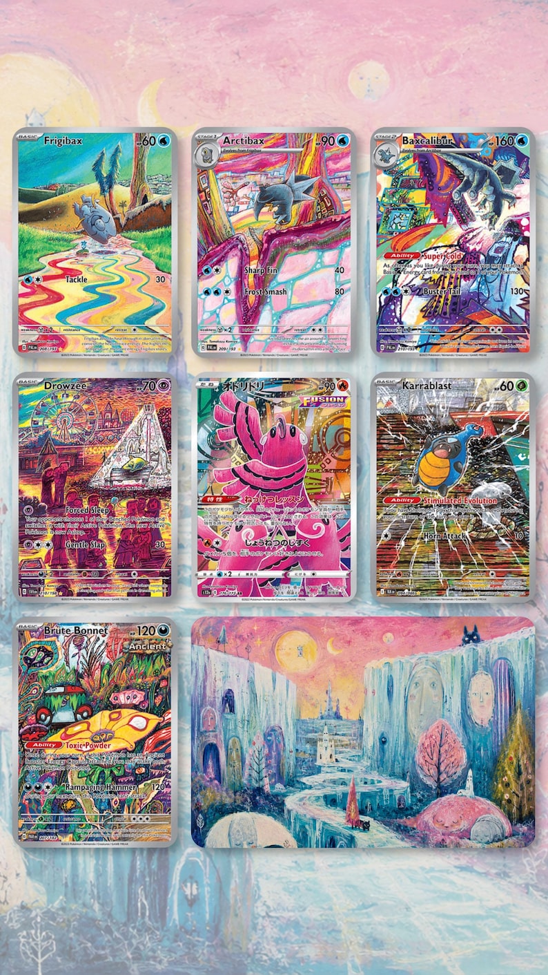 May include: A collection of nine Pok&eacute;mon trading cards featuring various characters and colorful artwork. The cards display different Pok&eacute;mon names, HP values, and attack descriptions. The artwork includes landscapes and character illustrations.