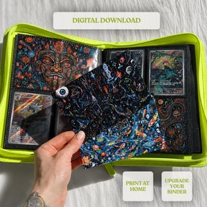 May include: A neon green binder with black pages, holding trading cards and decorative inserts. The inserts feature colorful, intricate artwork. The text "DIGITAL DOWNLOAD", "PRINT AT HOME", and "UPGRADE YOUR BINDER" are visible.