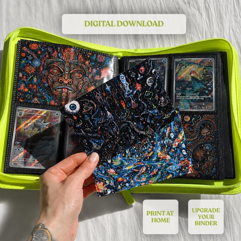May include: A neon green binder with black pages, holding trading cards and decorative inserts. The inserts feature colorful, intricate artwork. The text "DIGITAL DOWNLOAD", "PRINT AT HOME", and "UPGRADE YOUR BINDER" are visible.