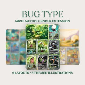 Peut inclure: Une extension de classeur Michi Method de type Insecte avec 6 mises en page et 8 illustrations thématiques. L'affichage présente une collection de cartes à collectionner avec des images de forêt verte et des insectes détaillés.