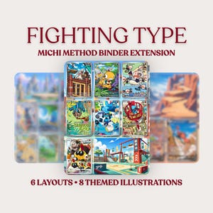 May include: A Fighting Type Michi Method binder extension featuring 6 layouts and 8 themed illustrations. The display shows a grid of colorful trading cards with various character designs and a central training facility scene with red structures.
