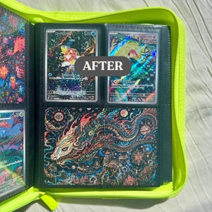 May include: A black card binder with a neon green zipper, open to display trading cards. The cards feature colorful illustrations and Japanese text. The word "AFTER" is printed on a sticker over the cards.