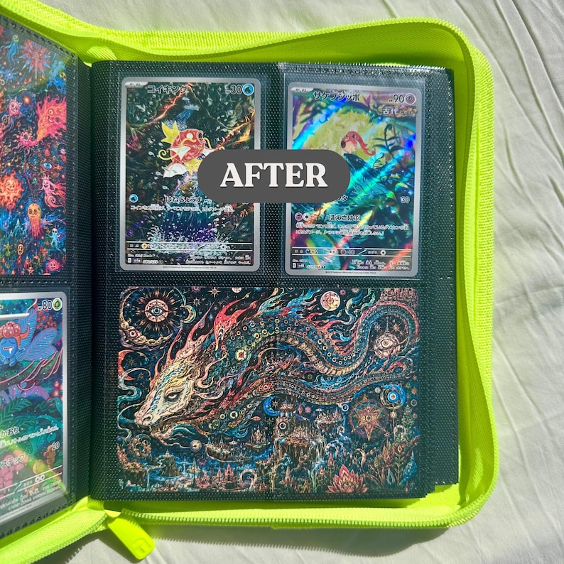 May include: A black card binder with a neon green zipper, open to display trading cards. The cards feature colorful illustrations and Japanese text. The word "AFTER" is printed on a sticker over the cards.
